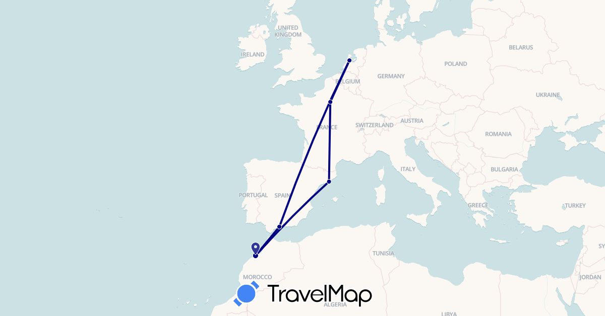 TravelMap itinerary: driving in Spain, France, Morocco, Netherlands (Africa, Europe)